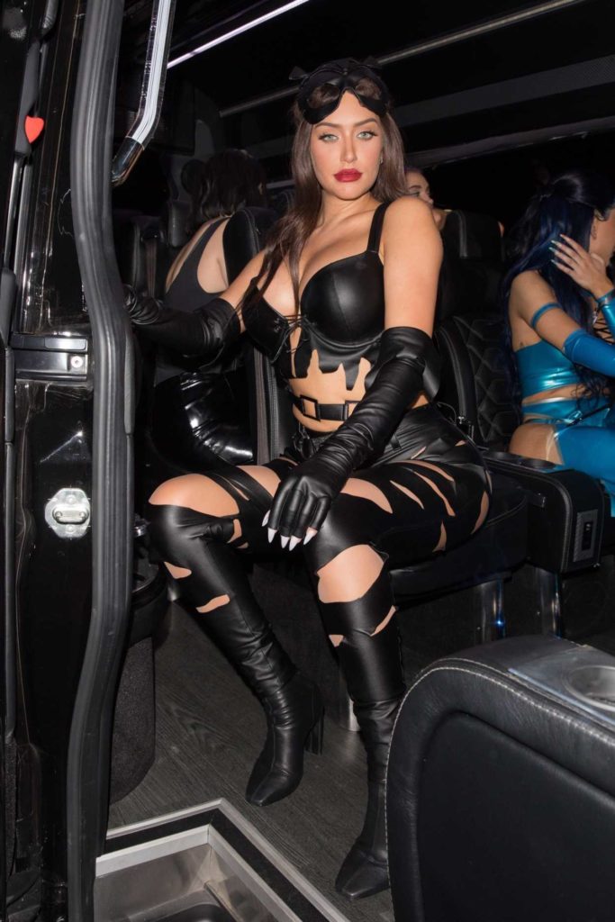 Anastasia Karanikolaou in a Black Leather Cat Woman Costume