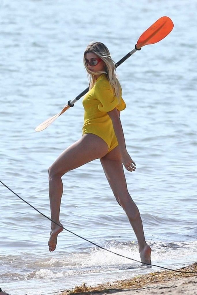 Hailey Baldwin in a Yellow Swimsuit
