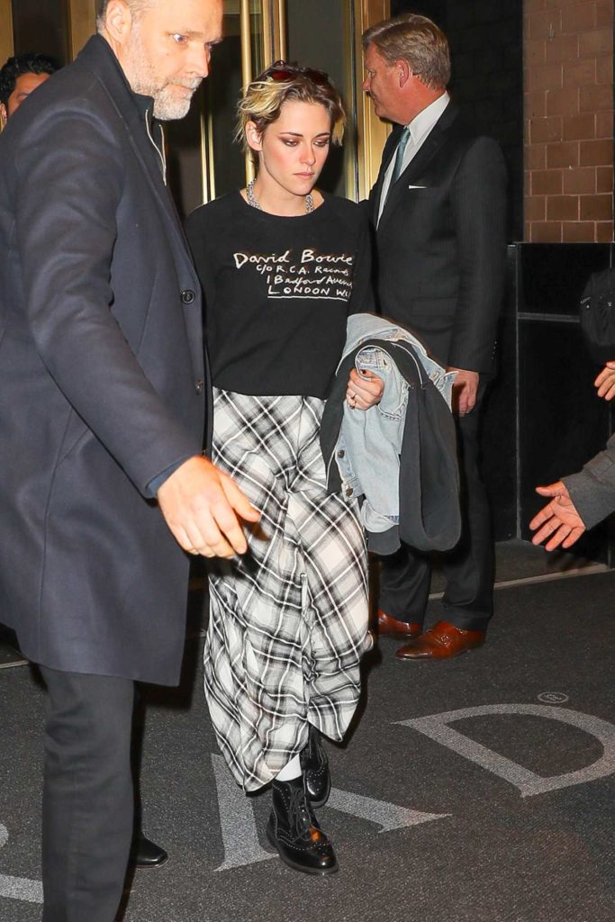 Kristen Stewart in a Gray Plaid Skirt
