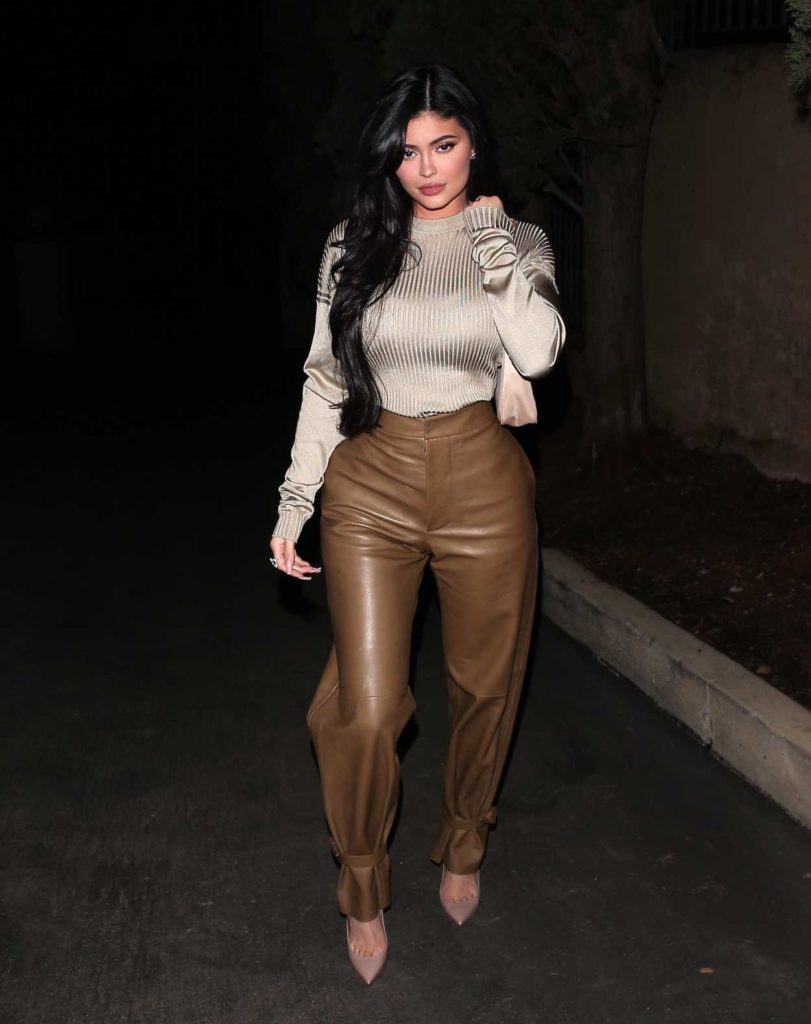 Kylie Jenner in a Brown Leather Pants