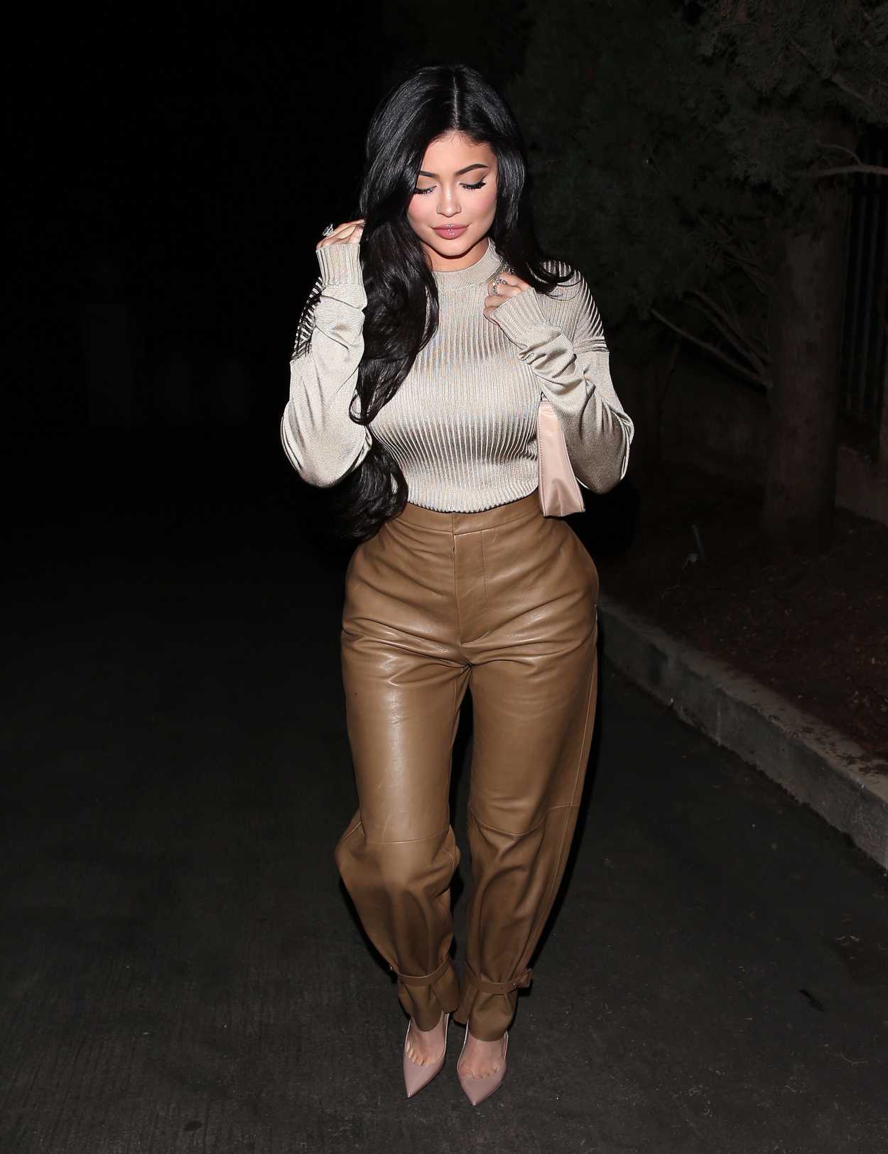Kylie Jenner in a Brown Leather Pants Night Out in Beverly Hills 12/21 ...