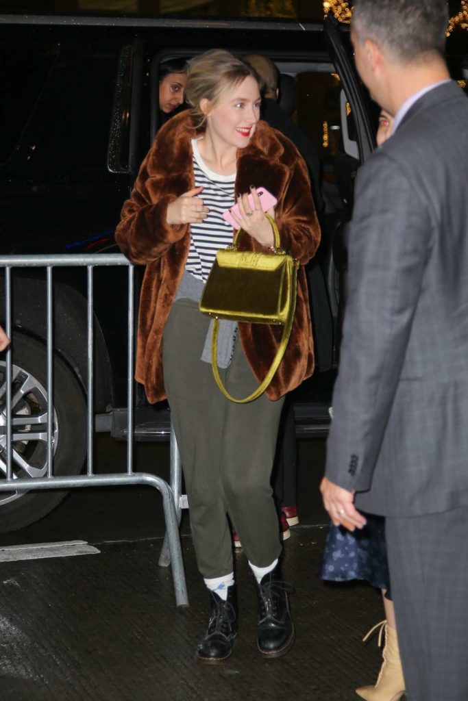 Saoirse Ronan in a Short Brown Fur Coat