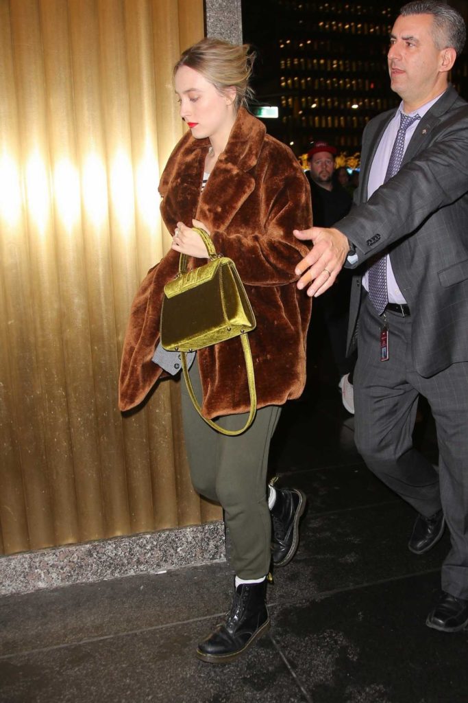 Saoirse Ronan in a Short Brown Fur Coat