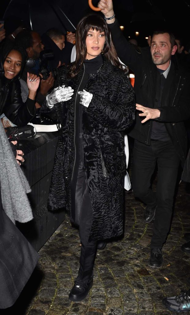 Bella Hadid in a Black Fur Coat