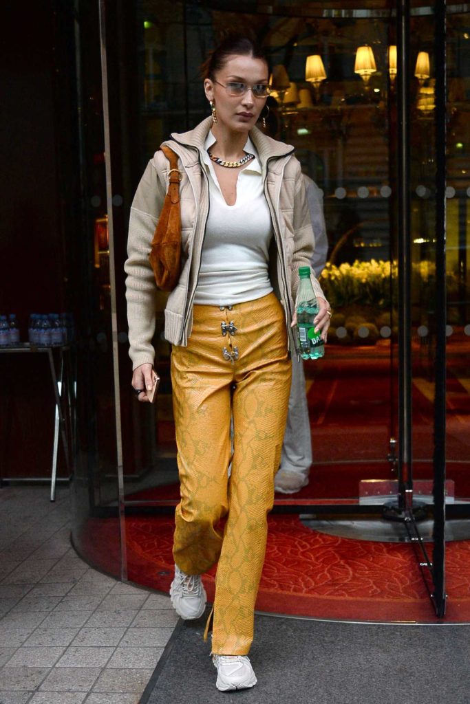 Bella Hadid in a Yellow Snakeskin Print Pants