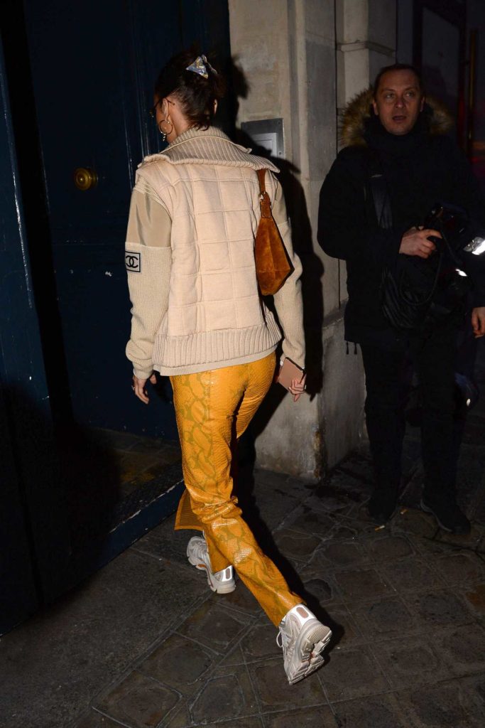 Bella Hadid in a Yellow Snakeskin Print Pants