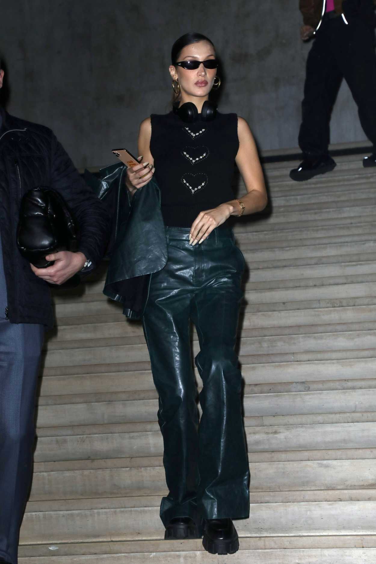 Bella Hadid in a Black Blouse Leaves the Mugler Fashion Show in Paris ...