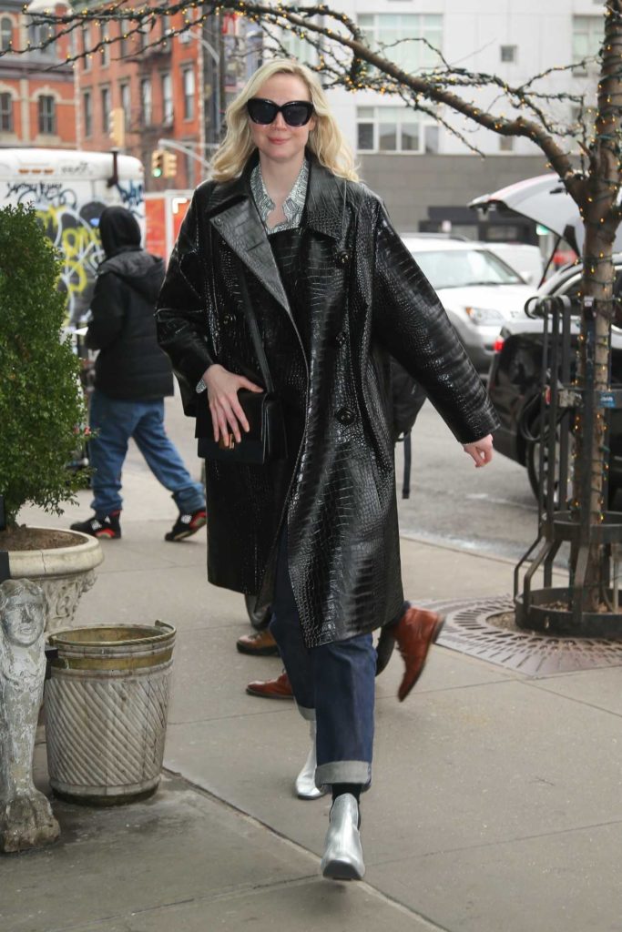 Gwendoline Christie in a Black Leather Coat