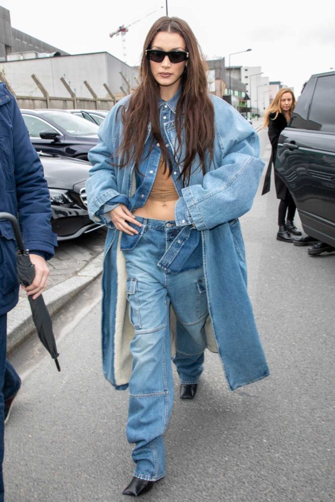 Bella Hadid in a Blue Denim Trench Coat