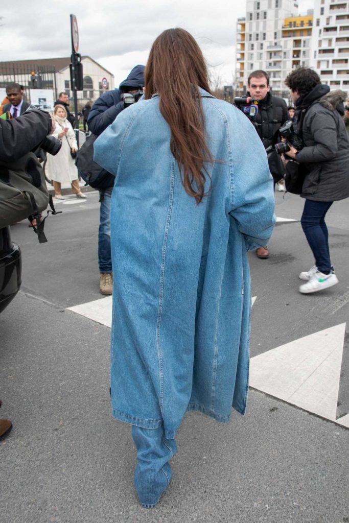 Bella Hadid in a Blue Denim Trench Coat