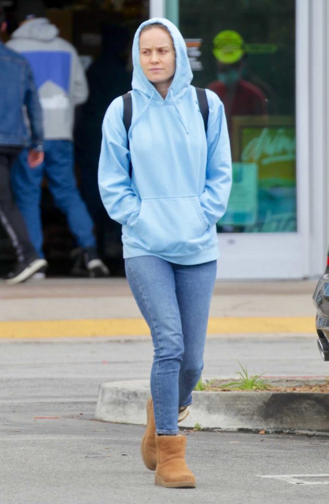 Brie Larson in a Light Blue Hoody