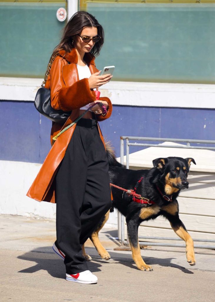 Emily Ratajkowski in an Orange Leather Coat