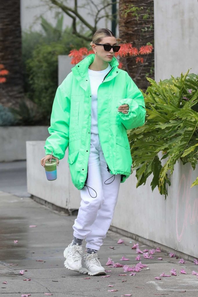 Hailey Bieber in a Green Jacket