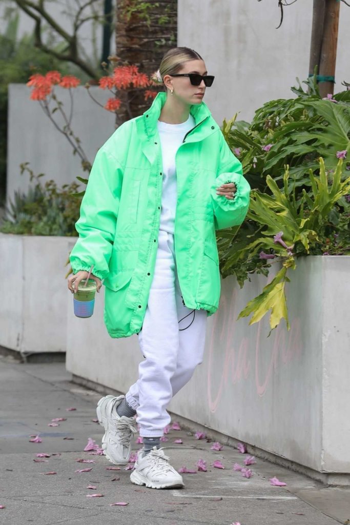 Hailey Bieber in a Green Jacket