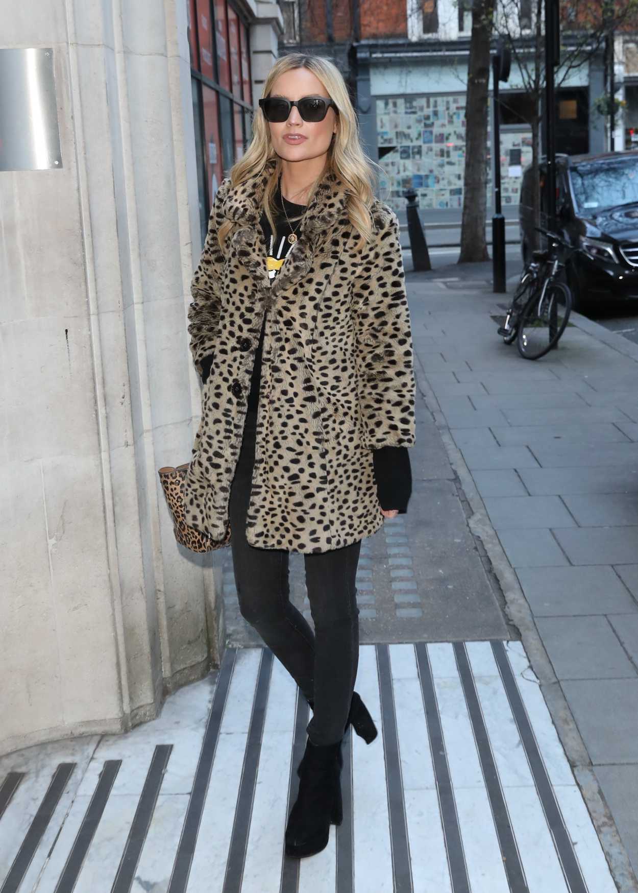 Laura Whitmore in a Beige Leopard Print Fur Coat Leaves the BBC Studio ...