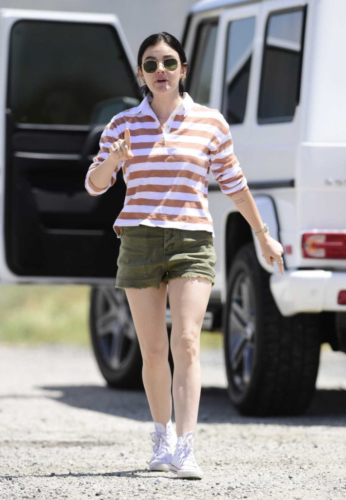 Lucy Hale in a Striped Long Sleeves Polo