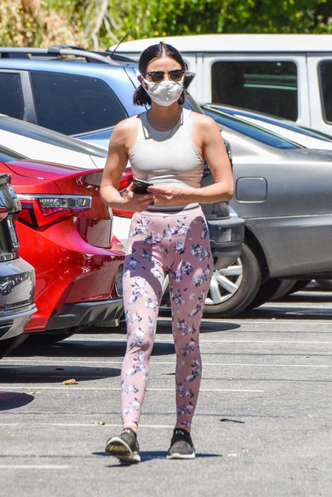 Lucy Hale in a Pink Floral Leggings