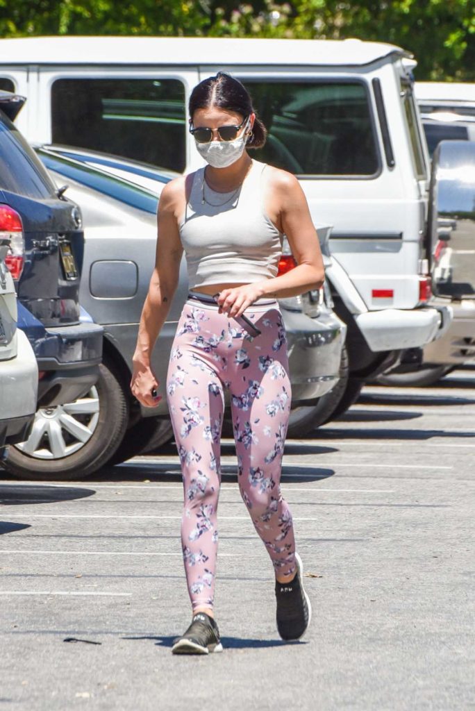 Lucy Hale in a Pink Floral Leggings