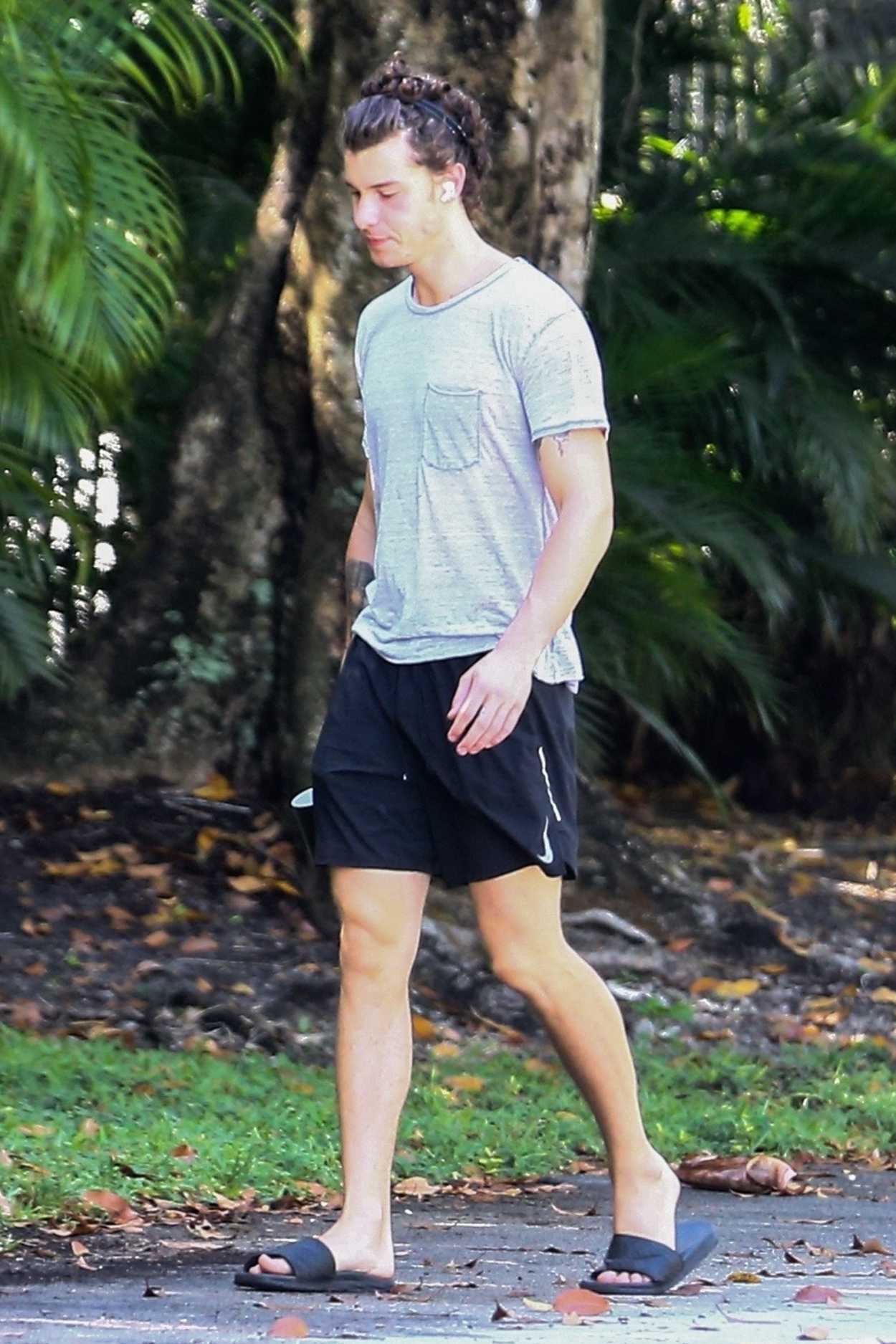 Shawn Mendes in a Gray Tee Enjoys a Solo Morning Walk in Mia