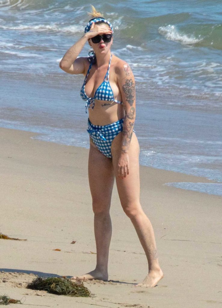 Ireland Baldwin in a Blue Checked Bikini