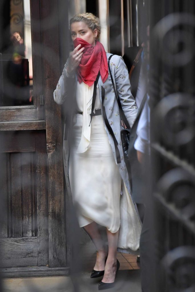 Amber Heard in a Red Bandana as a Face Mask