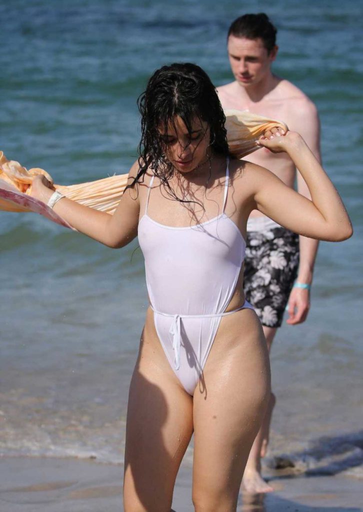 Camila Cabello in a White Swimsuit
