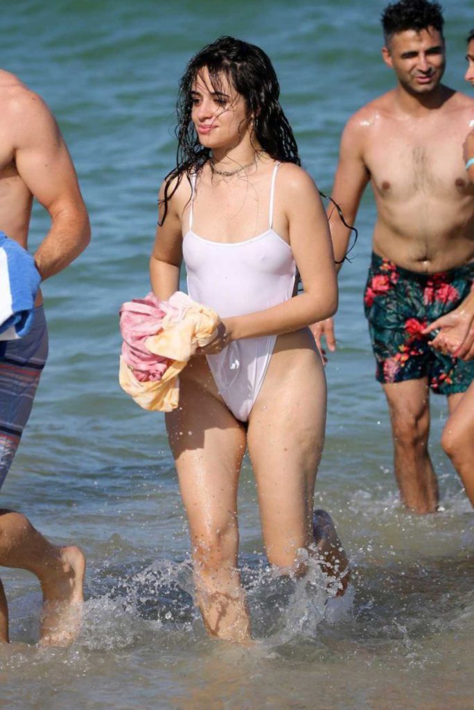Camila Cabello in a White Swimsuit