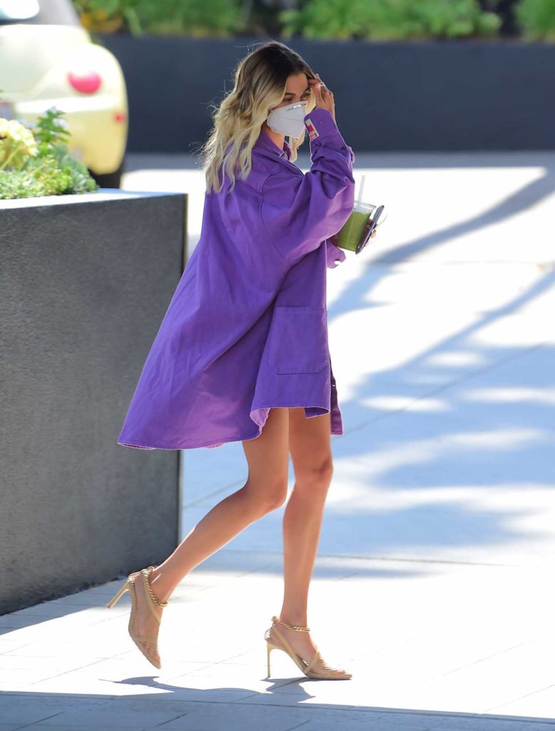 Hailey Bieber in a Purple Oversized Jacket
