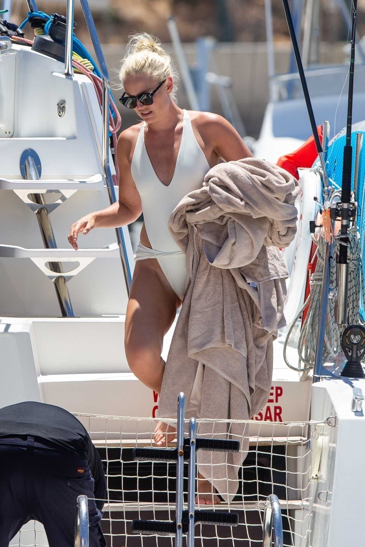 Lindsey Vonn in a White Swimsuit on the Boat in Cabo San Lucas 08/17