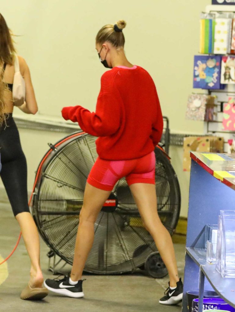 Hailey Bieber in a Knitted Red Sweater