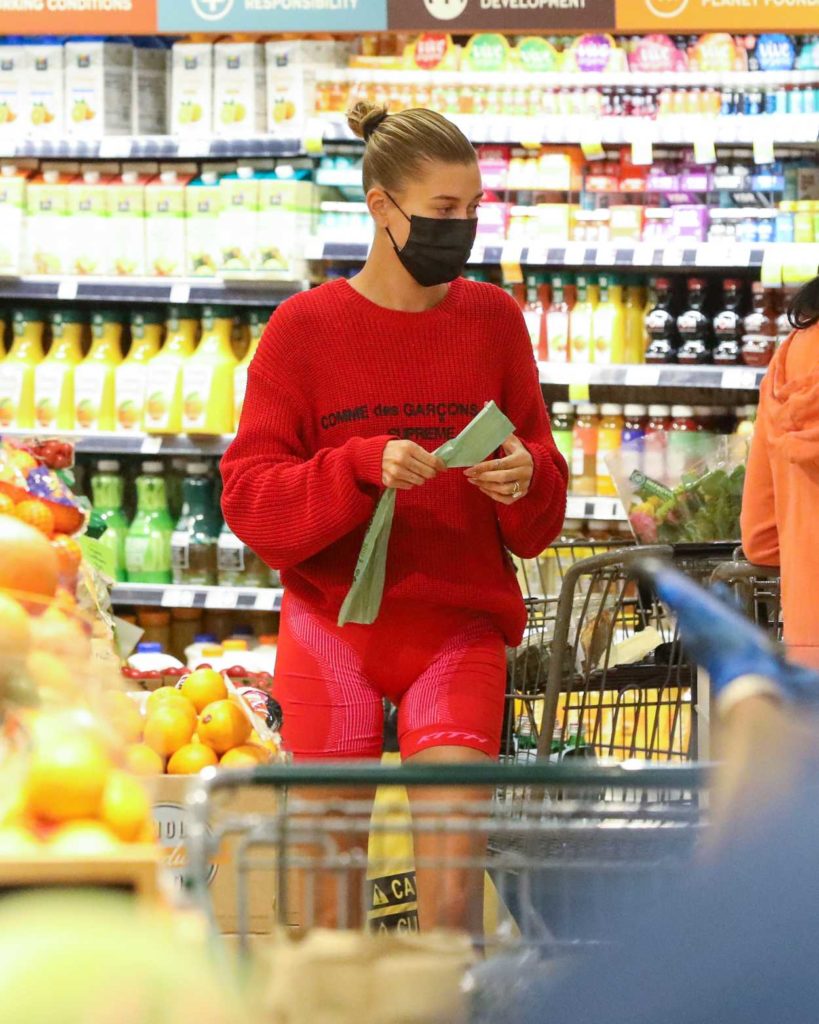 Hailey Bieber in a Knitted Red Sweater