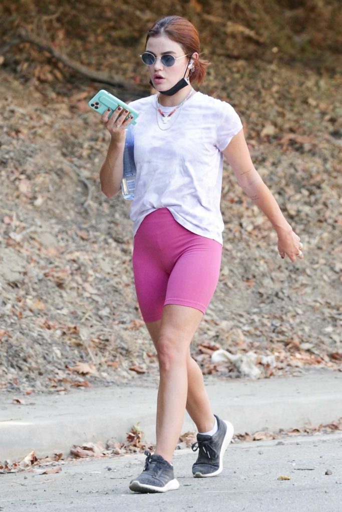 Lucy Hale in a Pink Spandex Shorts