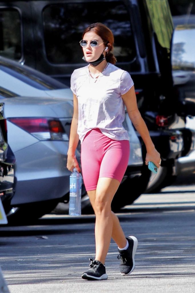 Lucy Hale in a Pink Spandex Shorts