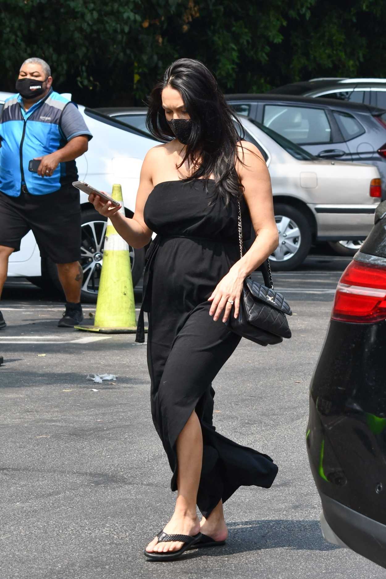 nikki bella rocks a black spandex jumpsuit and snakeskin boots while  visiting a friend in brentwood, california-290220_9