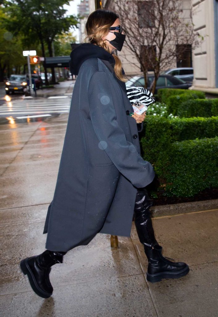 Hailey Bieber in a Grey Coat