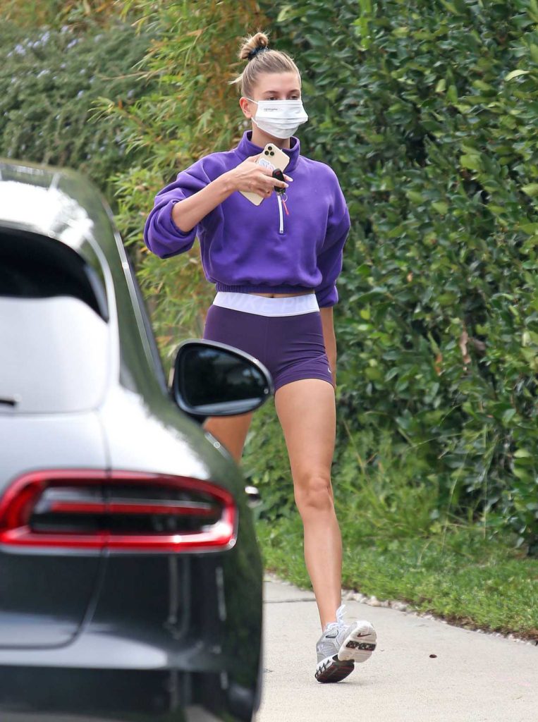 Hailey Bieber in a Purple Outfit