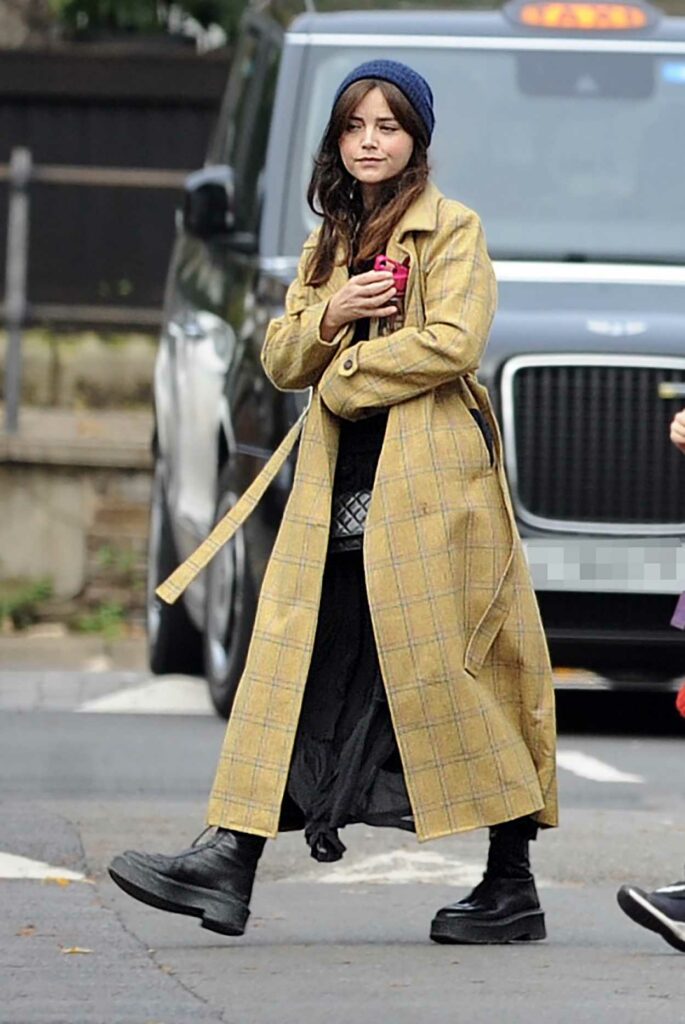 Jenna Coleman in a Yellow Trench Coat