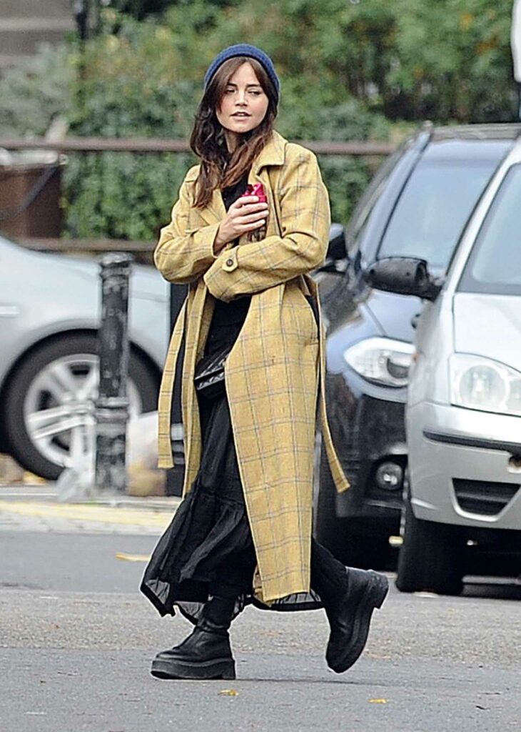 Jenna Coleman in a Yellow Trench Coat
