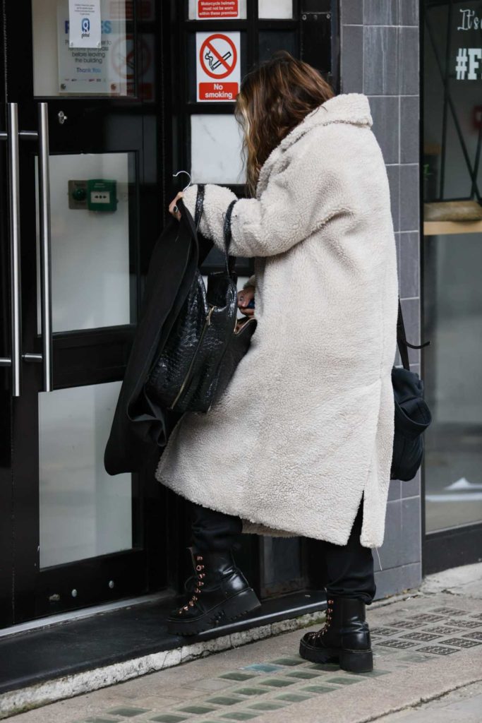 Myleene Klass in a Beige Faux Fur Coat