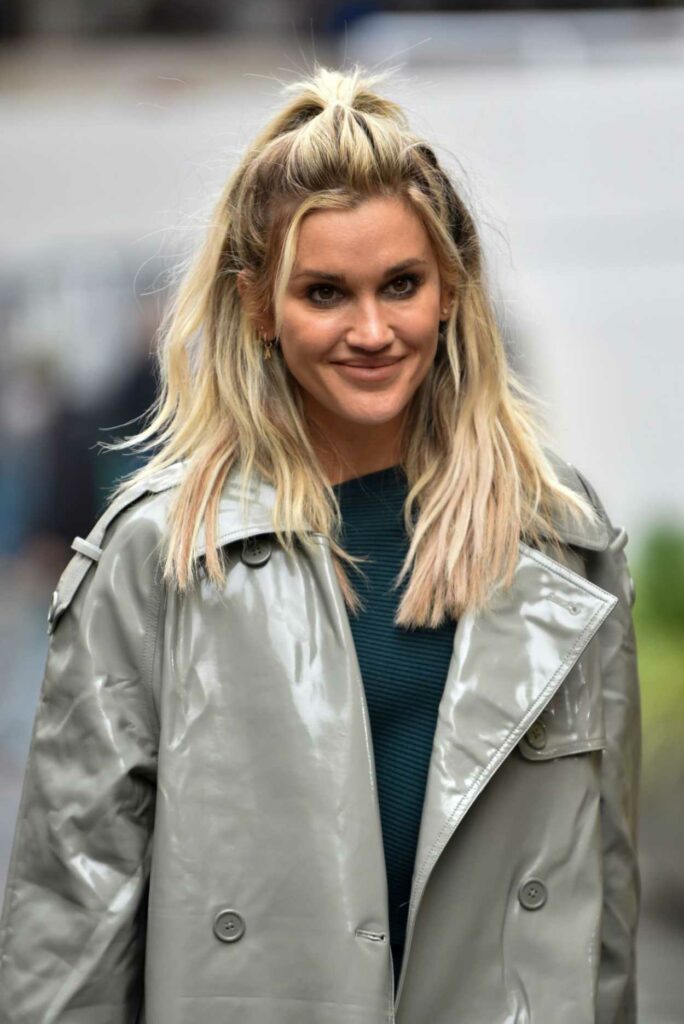 Ashley Roberts in a Grey Leather Trench Coat