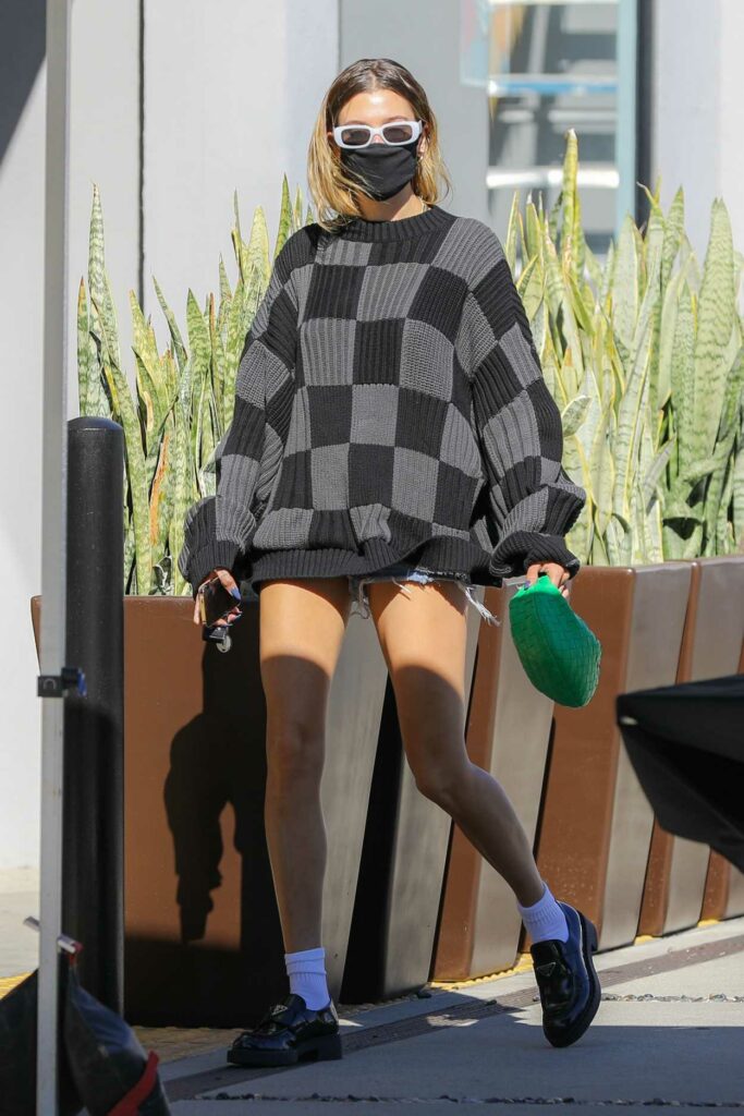 Hailey Bieber in a Grey and Black Checked Sweater