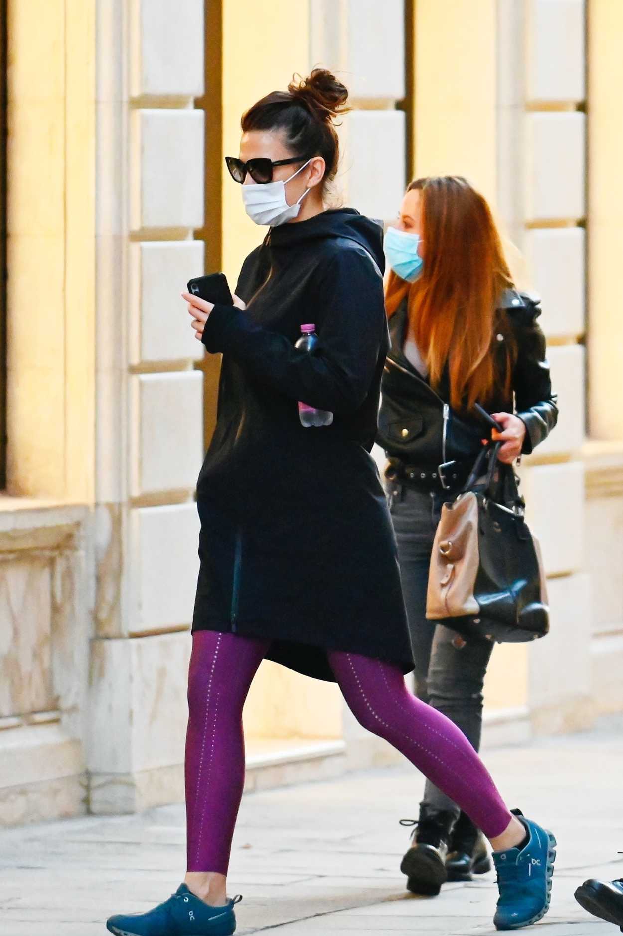 Hayley Atwell in a Purple Leggings Steps Out for a Walk During Break