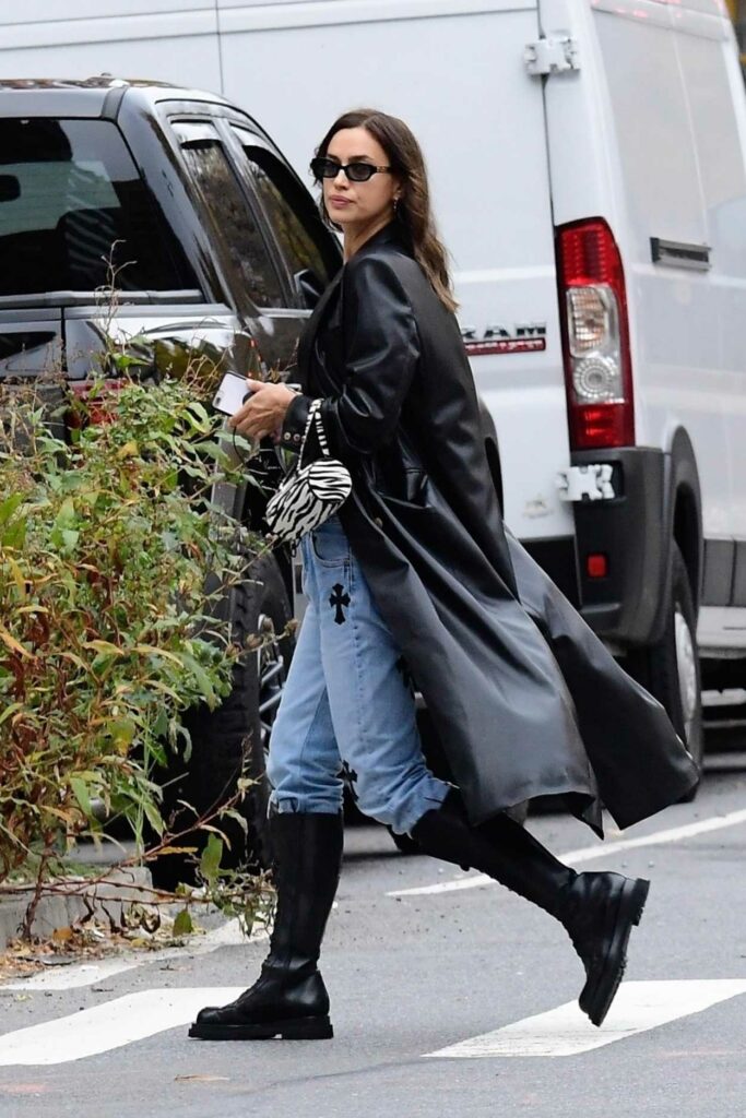 Irina Shayk in a Black Leather Trench Coat