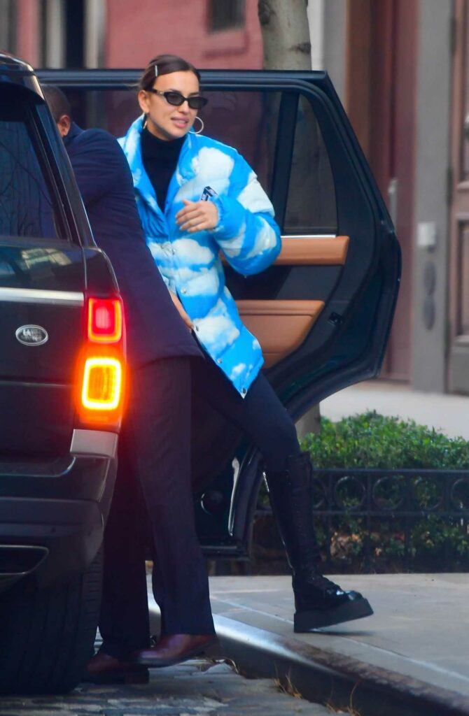 Irina Shayk in a Blue Puffer Jacket