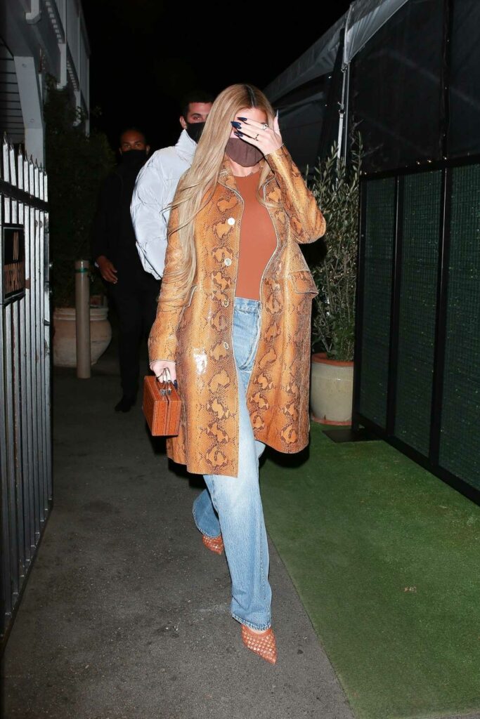 Kylie Jenner in a Tan Snakeskin Print Coat