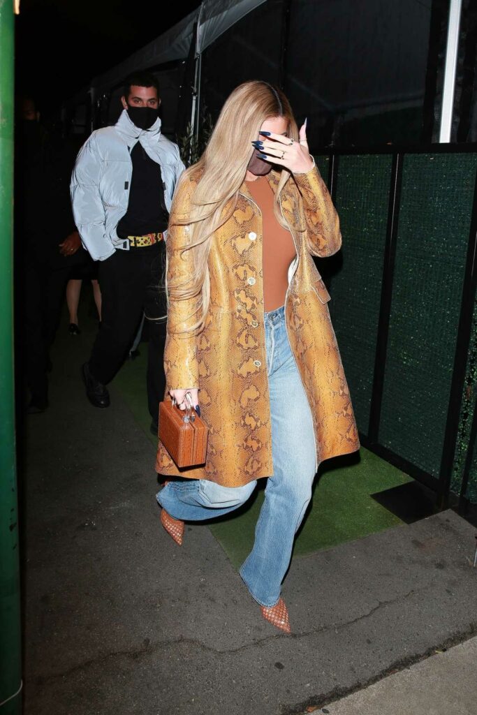 Kylie Jenner in a Tan Snakeskin Print Coat