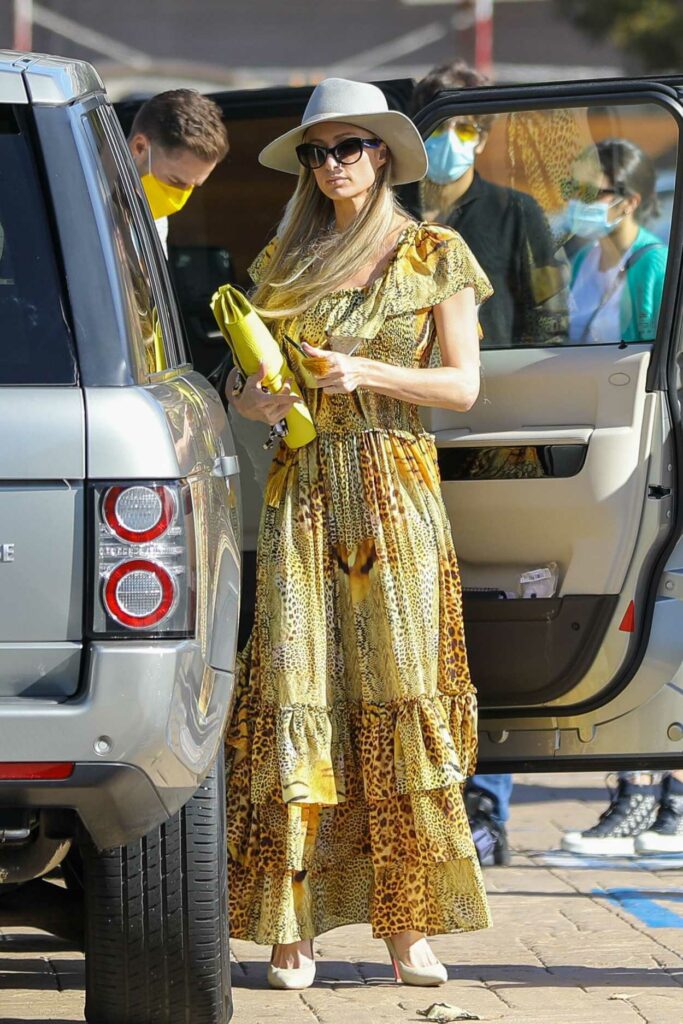 Paris Hilton in a Yellow Animal Print Dress