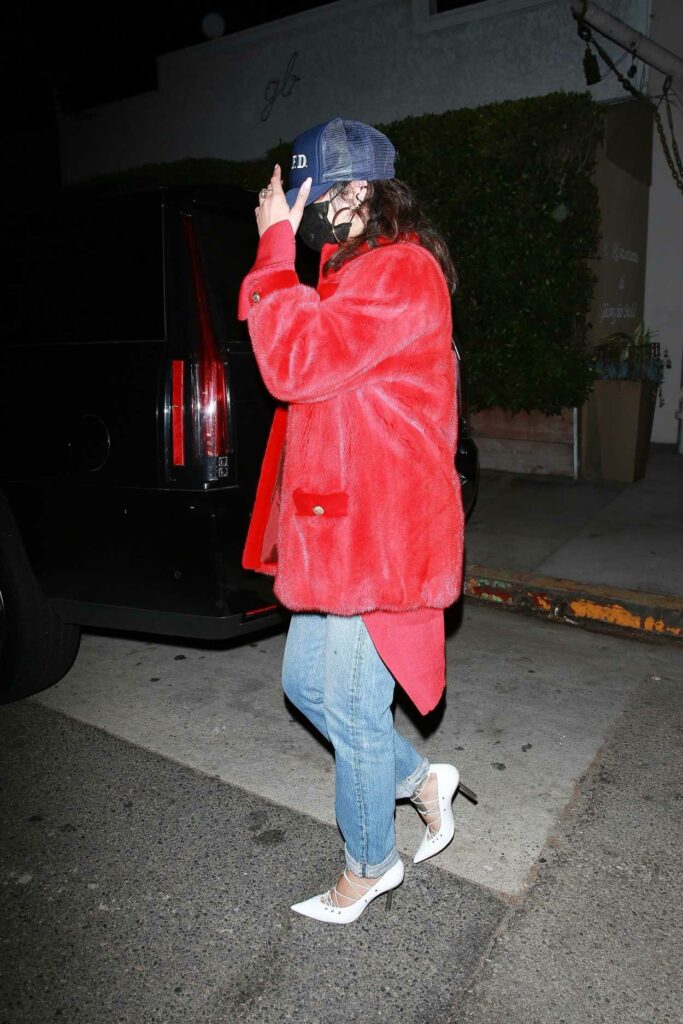 Rihanna in a Red Fur Jacket