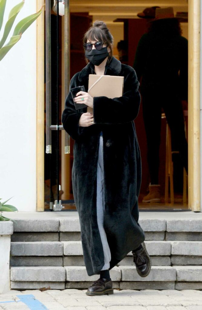 Dakota Johnson in a Black Fur Coat