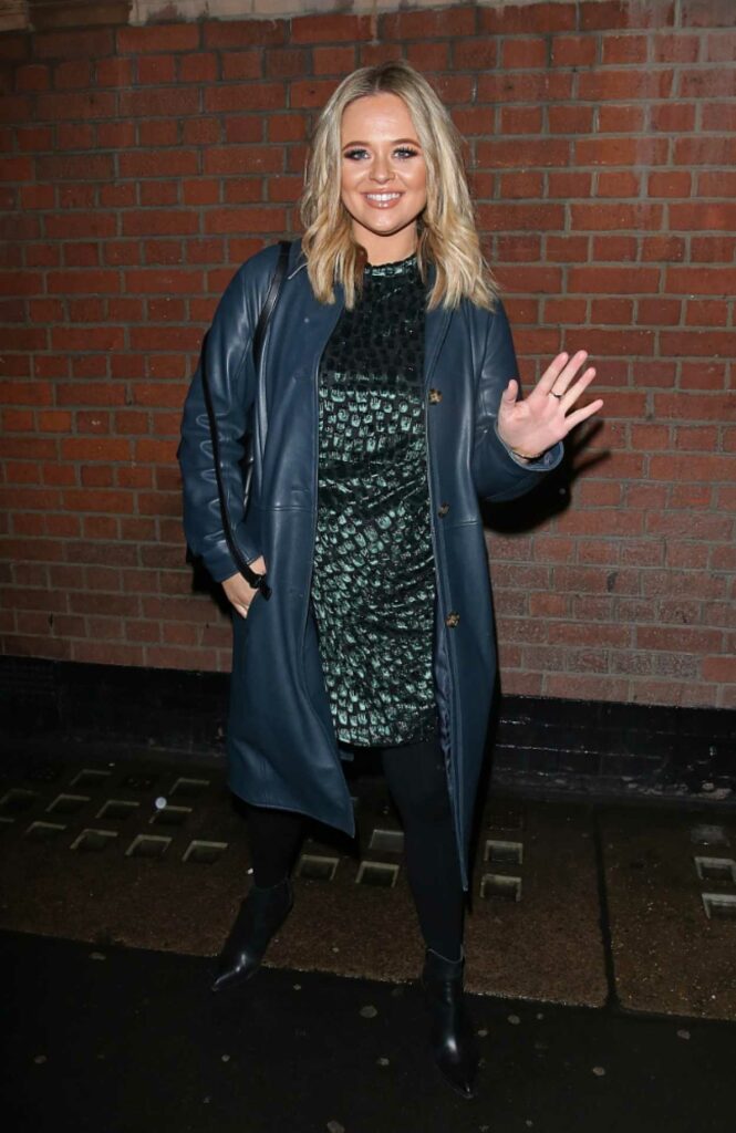 Emily Atack in a Blue Leather Trench Coat